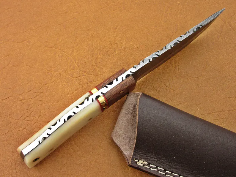 Damascus Hunting Knife, Damascus Steel Classic Skinner Knife, 8″, Walnut Wood, Camel Bone Handle, Fixed Blade, Full Tang Damascus Hunting Knife, Damascus Steel Classic Skinner Knife, 8", Walnut Wood, Camel Bone Handle, Fixed Blade, Full Tang