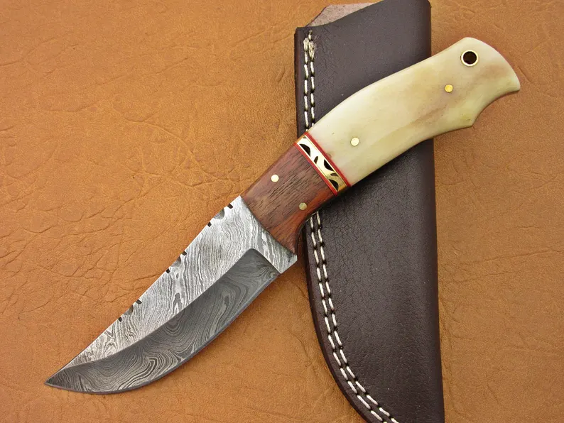 Damascus Hunting Knife, Damascus Steel Classic Skinner Knife, 8″, Walnut Wood, Camel Bone Handle, Fixed Blade, Full Tang Damascus Hunting Knife, Damascus Steel Classic Skinner Knife, 8", Walnut Wood, Camel Bone Handle, Fixed Blade, Full Tang