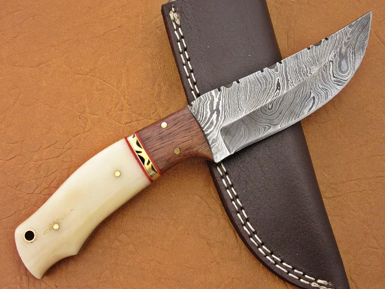 Damascus Hunting Knife, Damascus Steel Classic Skinner Knife, 8″, Walnut Wood, Camel Bone Handle, Fixed Blade, Full Tang Damascus Hunting Knife, Damascus Steel Classic Skinner Knife, 8", Walnut Wood, Camel Bone Handle, Fixed Blade, Full Tang