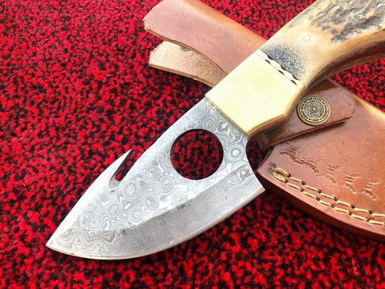 Antler Skinning knife | Custom Handmade Damascus Steel Knife With Leather Sheath | Best Anniversary, Wedding Gift For Her & Him Antler Skinning knife | Custom Handmade Damascus Steel Knife With Leather Sheath | Best Anniversary, Wedding Gift For Her & Him