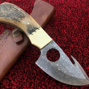 Antler Skinning knife | Custom Handmade Damascus Steel Knife With Leather Sheath | Best Anniversary, Wedding Gift For Her & Him
