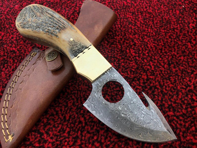 Antler Skinning knife | Custom Handmade Damascus Steel Knife With Leather Sheath | Best Anniversary, Wedding Gift For Her & Him Antler Skinning knife | Custom Handmade Damascus Steel Knife With Leather Sheath | Best Anniversary, Wedding Gift For Her & Him