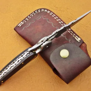 Damascus Leaf Folding Knife, 7.0" Damascus Steel Bolster Point Blade, Buffalo Horn Handle, Pocket Knife, Razor Sharp,