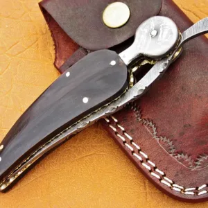 Damascus Leaf Folding Knife, 7.0" Damascus Steel Bolster Point Blade, Buffalo Horn Handle, Pocket Knife, Razor Sharp,