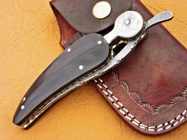 Damascus Leaf Folding Knife, 7.0" Damascus Steel Bolster Point Blade, Buffalo Horn Handle, Pocket Knife, Razor Sharp,