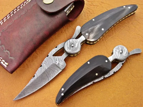Damascus Leaf Folding Knife, 7.0" Damascus Steel Bolster Point Blade, Buffalo Horn Handle, Pocket Knife, Razor Sharp,
