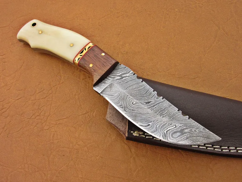 Damascus Hunting Knife, Damascus Steel Classic Skinner Knife, 8″, Walnut Wood, Camel Bone Handle, Fixed Blade, Full Tang Damascus Hunting Knife, Damascus Steel Classic Skinner Knife, 8", Walnut Wood, Camel Bone Handle, Fixed Blade, Full Tang