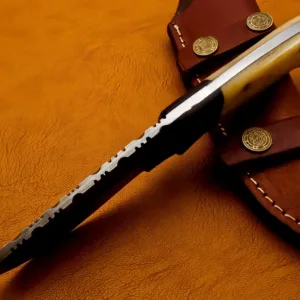 Hand Forged Damascus Steel Skinner Knife with Camel Bone & Rose Wood Handle With Leather Sheath – Outdoor Gift