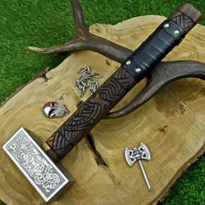 Custom Handmade Premium Quality Nordic War Hammer Carved Viking Handle Leather Grip