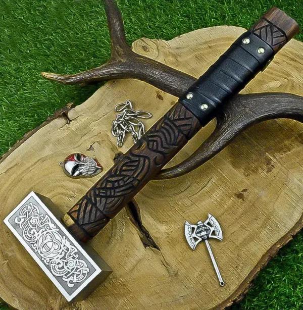 Custom Handmade Premium Quality Nordic War Hammer Carved Viking Handle Leather Grip