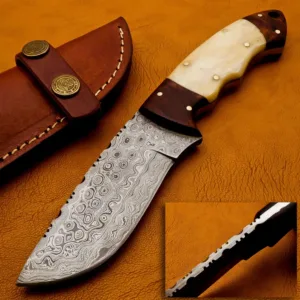 Hand Forged Damascus Steel Skinner Knife with Camel Bone & Rose Wood Handle With Leather Sheath – Outdoor Gift