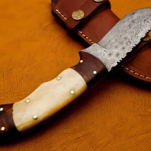 Hand Forged Damascus Steel Skinner Knife with Camel Bone & Rose Wood Handle With Leather Sheath – Outdoor Gift