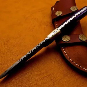 Damascus Steel Skinner Knife – Full Tang Hunting Blade – Hand Forged Knife for Outdoors with Sheath