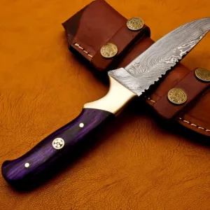 Damascus Steel Skinner Knife – Full Tang Hunting Blade – Hand Forged Knife for Outdoors with Sheath