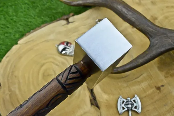 Custom Handmade Premium Quality Nordic War Hammer Carved Viking Handle Leather Grip