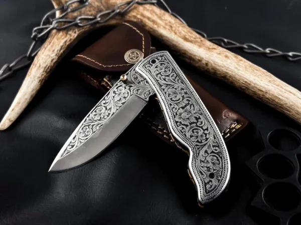 Hand Engraved Folding Knife – Custom Pocket Knife | Personalized Knife Gift for Men | Handmade EDC Knife | Artisan Knife, Anniversary Gifts