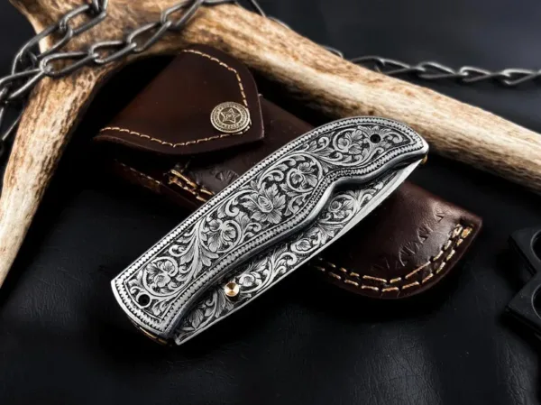 Hand Engraved Folding Knife – Custom Pocket Knife | Personalized Knife Gift for Men | Handmade EDC Knife | Artisan Knife, Anniversary Gifts