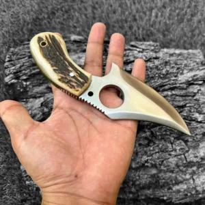 Handmade D2 Steel Skinner Knife: Deer Horn Handle, Leather Sheath