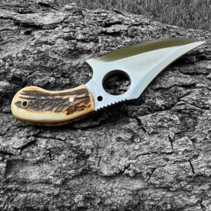 Handmade D2 Steel Skinner Knife: Deer Horn Handle, Leather Sheath