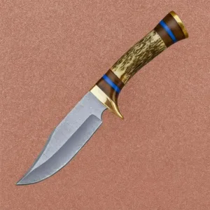 hand forged Damascus steel hunting and camping Skinner knife with stag horn handle and leather sheath. Best gift for him.