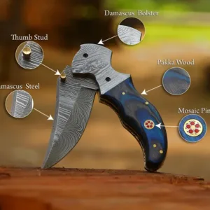 Handmade Damascus Pocket Knife – Folding Knife with Pakka Wood Handle, Unique Gift for Men, Groomsmen, Collectors, Hunting or Outdoor Knife