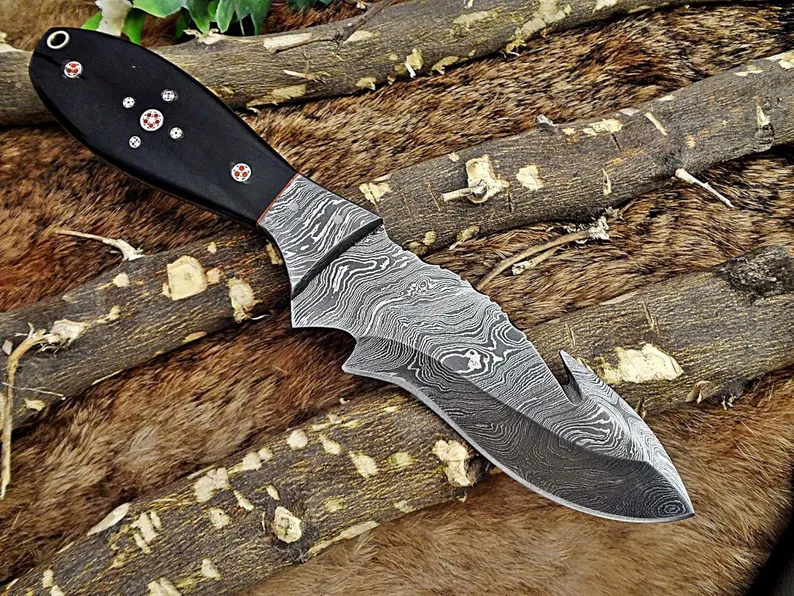 Custom Hand Forged Damascus Steel gut hook Skinner Knife,Bull Horn Handle,gift for husband Custom Hand Forged Damascus Steel gut hook Skinner Knife,Bull Horn Handle,gift for husband