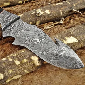Custom Hand Forged Damascus Steel gut hook Skinner Knife,Bull Horn Handle,gift for husband