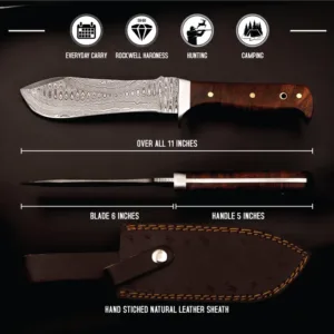 Handmade Damascus Steel Hunting Knife with Rosewood Handle description of the handmade Damascus steel hunting knife with a rosewood handle: Knife Details: - Blade Material: Damascus steel, renowned for its exceptional strength, sharpness, and distinctive pattern. - Blade Length: 6 inches, perfect for precision and control in hunting and outdoor applications. - Blade Style: Hunting knife style, designed for efficient and effective cutting. Handle Details: - Handle Material: Rosewood, offering a natural and elegant appearance. - Handle Length: 5 inches, designed for comfort and control. Key Features: - Handmade craftsmanship, guaranteeing attention to detail and a unique product. - Damascus steel blade, ensuring exceptional performance, durability, and aesthetic appeal. - Rosewood handle, providing a luxurious and functional package. - Total Length: 11 inches, making it a versatile and practical knife. This handmade Damascus steel hunting knife is an excellent choice for outdoor enthusiasts, hunters, and collectors. The combination of Damascus steel and rosewood handle makes it a truly unique and premium product.