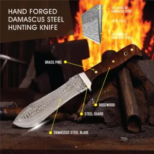 Handmade Damascus Steel Hunting Knife with Rosewood Handle description of the handmade Damascus steel hunting knife with a rosewood handle: Knife Details: - Blade Material: Damascus steel, renowned for its exceptional strength, sharpness, and distinctive pattern. - Blade Length: 6 inches, perfect for precision and control in hunting and outdoor applications. - Blade Style: Hunting knife style, designed for efficient and effective cutting. Handle Details: - Handle Material: Rosewood, offering a natural and elegant appearance. - Handle Length: 5 inches, designed for comfort and control. Key Features: - Handmade craftsmanship, guaranteeing attention to detail and a unique product. - Damascus steel blade, ensuring exceptional performance, durability, and aesthetic appeal. - Rosewood handle, providing a luxurious and functional package. - Total Length: 11 inches, making it a versatile and practical knife. This handmade Damascus steel hunting knife is an excellent choice for outdoor enthusiasts, hunters, and collectors. The combination of Damascus steel and rosewood handle makes it a truly unique and premium product.