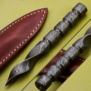6.5 inch Custom Forged Hunter Damascus Steel Tri Dagger Hand Forged Twisted Pattern Kris Dagger W Leather Cover