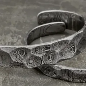 Hand Forged Damascus Steel Cuff Bracelet: Hammered Viking Jewelry