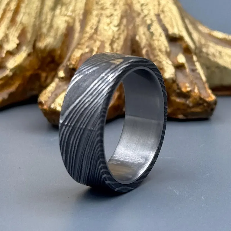 ammered Damascus Steel Ring: Titanium Inlay, Comfort Fit Wedding Band, Flat Design