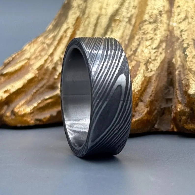 ammered Damascus Steel Ring: Titanium Inlay, Comfort Fit Wedding Band, Flat Design