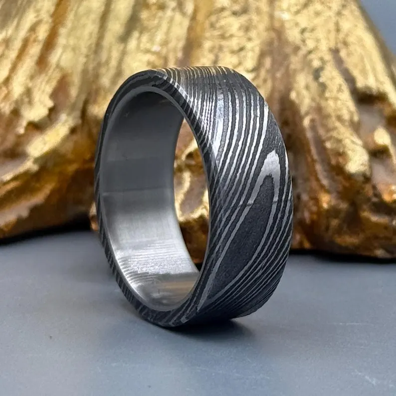 ammered Damascus Steel Ring: Titanium Inlay, Comfort Fit Wedding Band, Flat Design