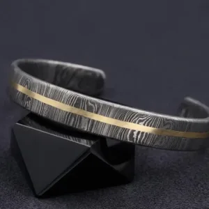 and Forged Damascus Steel Cuff Bracelet, Copper Inlay, Viking Open Bangle, Men's Jewellery