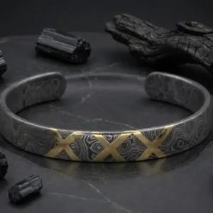 Handmade Damascus Steel Cuff Bracelet with Brass Inlay | Viking Men's Bracelet | Rustic Open Cuff | Anniversary Gift for Him